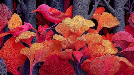 the image depicts a forest scene with stylized flora and fauna in vibrant colors