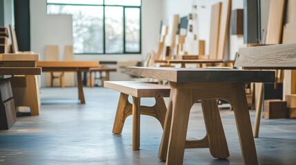 Modern Furniture Design Exhibition with Wooden Benches and Stylish Tables in Bright Workshop Setting
