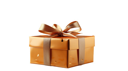 Gold gift box with golden ribbon, festive party surprise, luxury holiday packaging, elegant celebration , isolated on transparent background.