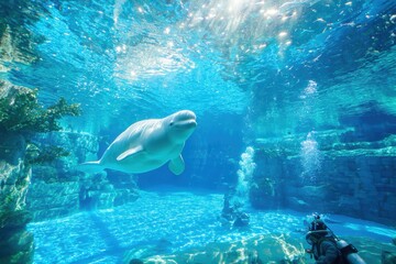 Fototapeta premium Majestic Beluga Whale Swimming Gracefully in Crystal Clear Aquarium Water Surrounded by Bubbles and Sunlight Creating an Enchanting Underwater Scene