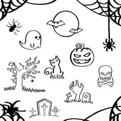 Halloween Doodle Elements Set - Spooky Black and White Hand Drawn Illustrations Collection. Vector design elements.