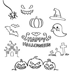 Happy Halloween Line Art Vector Icons Set - Spooky Outline Doodle Collection. Vector design elements.