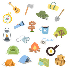 Hand Drawn Camping Adventure Equipment Icons Set - Outdoor Recreation. Design Decorative Elements.