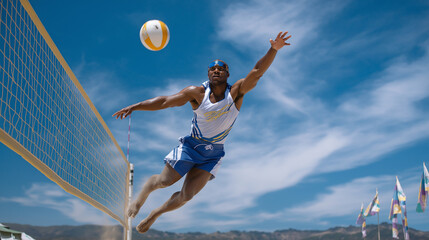 Beach volleyball player spiking during match with ample copy space