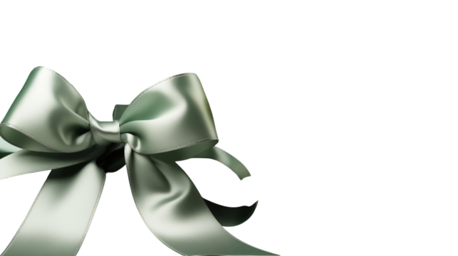 Sage green ribbon bow with yellow flowers, spring gift decoration, elegant silk bouquet, festive floral arrangement, isolated on transparent background.