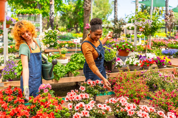 Garden center workers taking care of colorful flowers