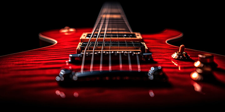 Close-up view of a stunning red electric guitar, showcasing its intricate details.