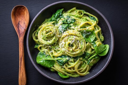 Bowl of delicious green pasta with spinach and pesto sauce a culinary delight perfect for a healthy meal ready to savor
