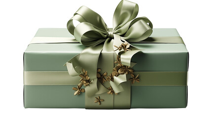 Sage green gift box with gold floral bow, luxury holiday surprise, elegant special packaging, beautiful present, isolated on transparent background.