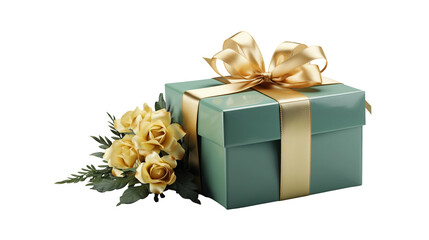 Teal gift box with yellow roses, golden ribbon, luxury festive gift, elegant holiday surprise package, isolated on transparent background.
