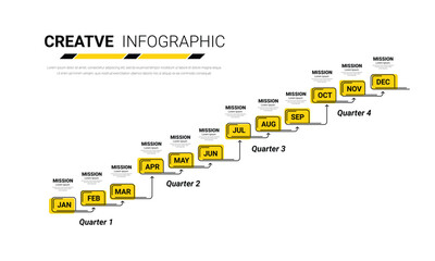 Year planner calendar, 12 months, 4 quarter, Timeline infographics design vector and Presentation business can be used for Business concept with 12 options, steps or processes.