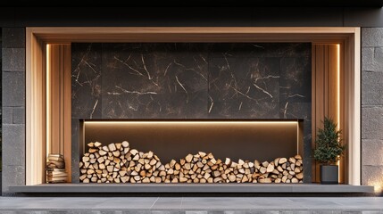 Modern fireplace with stacked firewood.  Dark stone and light wood accents create a sophisticated aesthetic