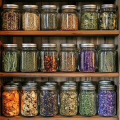 Organized jars of dried herbs and spices on wooden shelves
