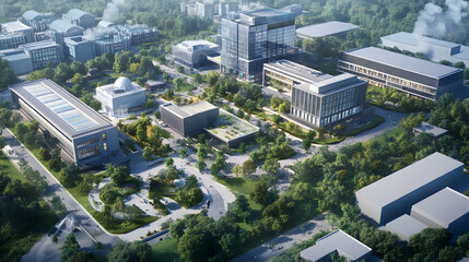 Modern Campus with Integrated Buildings and Green Spaces