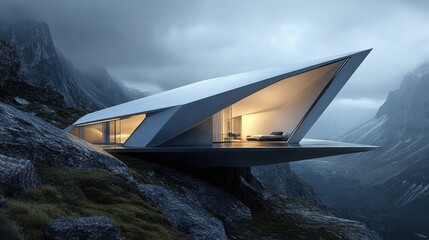 Futuristic house perched on mountain peak