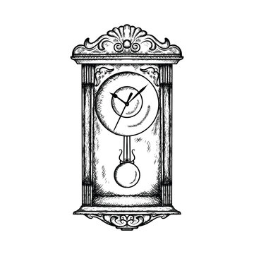 pendulum wall clock illustration hand draw style in vintage engraved sketch outline style.