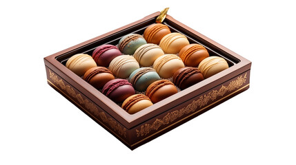 Colorful macaron box, French pastry assortment, gourmet dessert, elegant confectionery, exquisite sweet treats, isolated on transparent background.