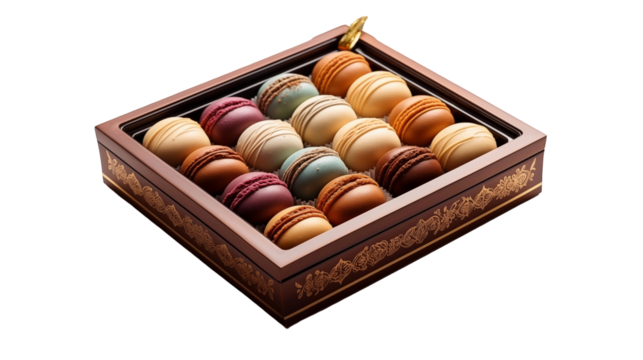 Colorful macaron box, French pastry assortment, gourmet dessert, elegant confectionery, exquisite sweet treats, isolated on transparent background.