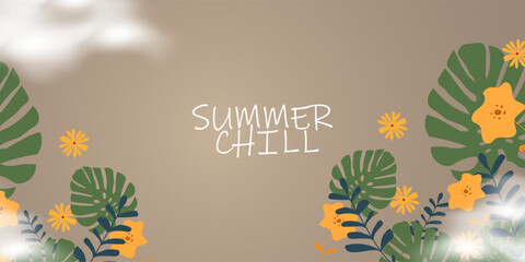 Tropical Summer Chill Background with Monstera Leaves and Yellow Flowers