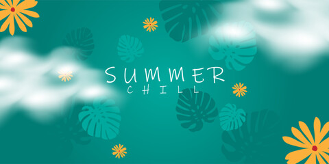 Tropical Summer Chill Background with Monstera Leaves and Flowers