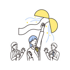 くす玉と合格して喜ぶ女子高校生と女性と男性の先生のシンプルなイラスト素材