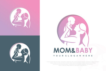 Mom and baby logo design icon with unique element concept . vector illustration
