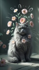 A serene cat with flowers growing from its back, featuring a pastel palette and whimsical doodle rays.