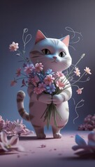 A whimsical cat with a bouquet of pastel flowers and scent lines in a playful doodle style.