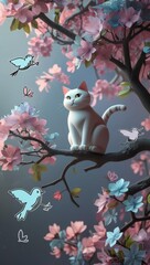 A whimsical illustration of a flat cat in a pastel tree adorned with blossoms and flying doodle-style birds.
