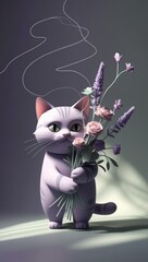A whimsical flat cat holds a bouquet of pastel wildflowers, complete with playful scent lines in a doodle style.