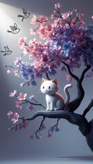 A whimsical illustration of a flat cat on a pastel tree with blossoms and doodle birds in a playful style.