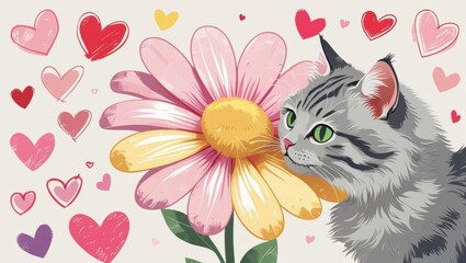 A whimsical cat illustration with a giant pastel daisy and hearts, perfect for playful designs and decor.