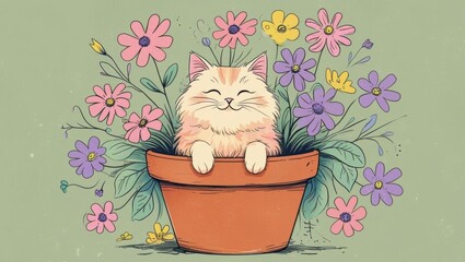 A pastel cat perched in a flower pot, surrounded by whimsical doodle-style petals.