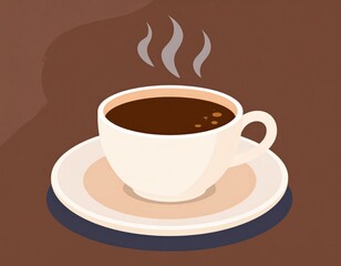 Fototapeta premium Hot Coffee In White Cup And Saucer On Brown Background