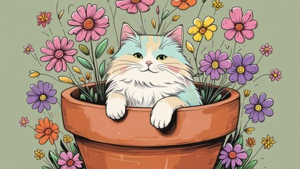 A cute pastel cat in a flower pot with whimsical petals surrounding it, perfect for playful and vibrant designs.