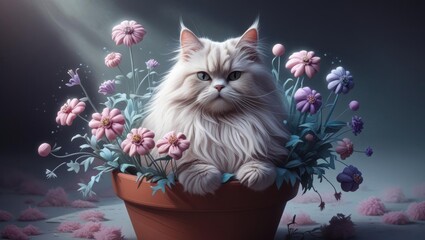 A cute pastel cat in a flower pot with whimsical petals surrounding it, perfect for art and animal lovers.