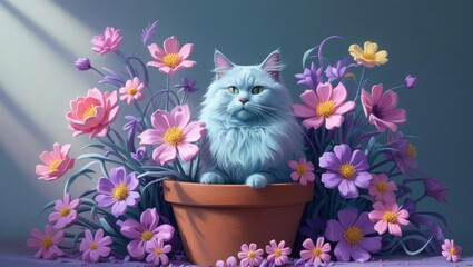 A whimsical pastel cat nestled in a flower pot, surrounded by blooming doodle-style petals.