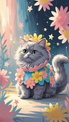 A whimsical cat in a flower costume, surrounded by playful doodle-style stars in a pastel illustration.