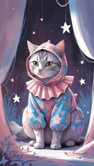 A whimsical illustration of a cat dressed as a flower, surrounded by playful stars in pastel colors.
