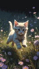 A playful pastel kitten leaps joyfully through a colorful flower meadow in a whimsical doodle style.