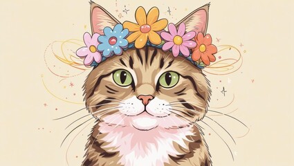 A whimsical cat with a flower crown and sparkles, perfect for a lighthearted and playful design.