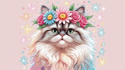 A cute pastel cat adorned with a flower crown and surrounded by sparkles in a whimsical doodle style.