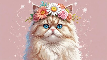 A cute cat with a flower crown and sparkles, illustrated in a whimsical doodle style.