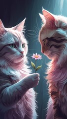A shy cat presents a flower to another feline, illustrated in pastel tones with cute doodle-style blushes.