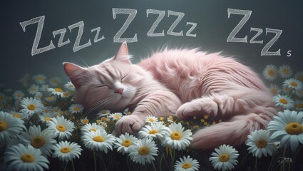 A sleepy pastel cat resting on daisies with whimsical Zzzs floating around it.