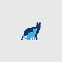 Stylized flat vector illustration featuring silhouettes of dog and cat companionship