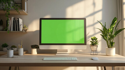 Modern Home Office Workspace with Green Screen Computer for Content Creation