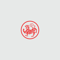 Stylized Red Tiger Illustration within a Circle on Neutral Background