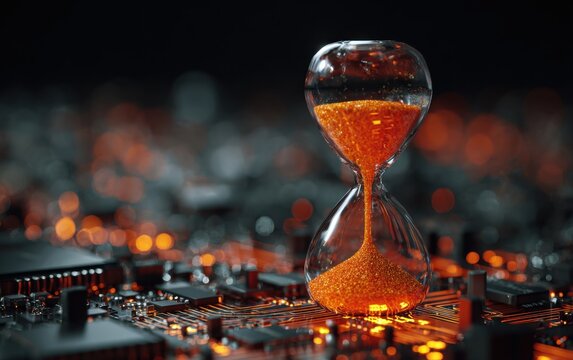 Hourglass with Orange Sand on Circuit Board Tech Backdrop - Powered by Adobe