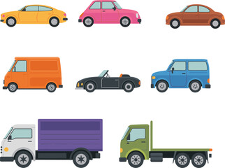 Colorful Vehicle Icons: Car, Van, Truck, and Pickup Illustrations for Transportation Design